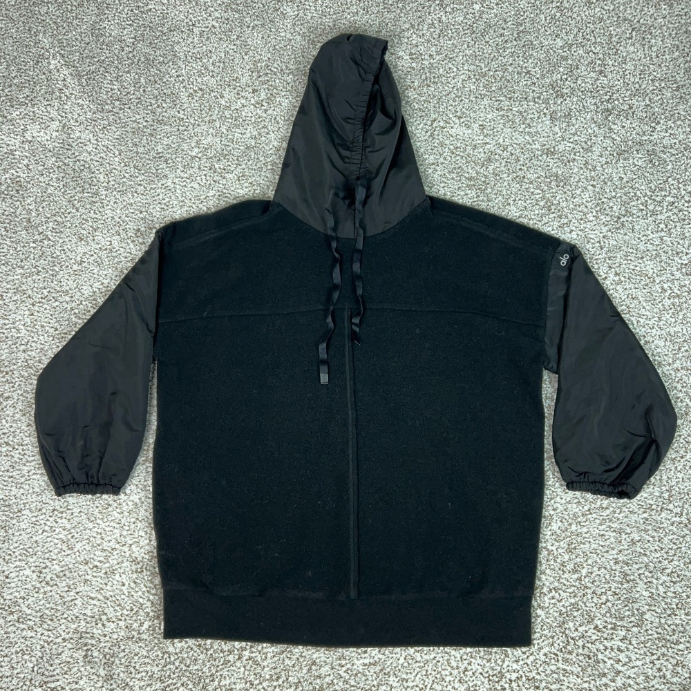 Alo Yoga Hoodie Womens Medium Black Mixed Media Fleece Pullover Athleisure Top